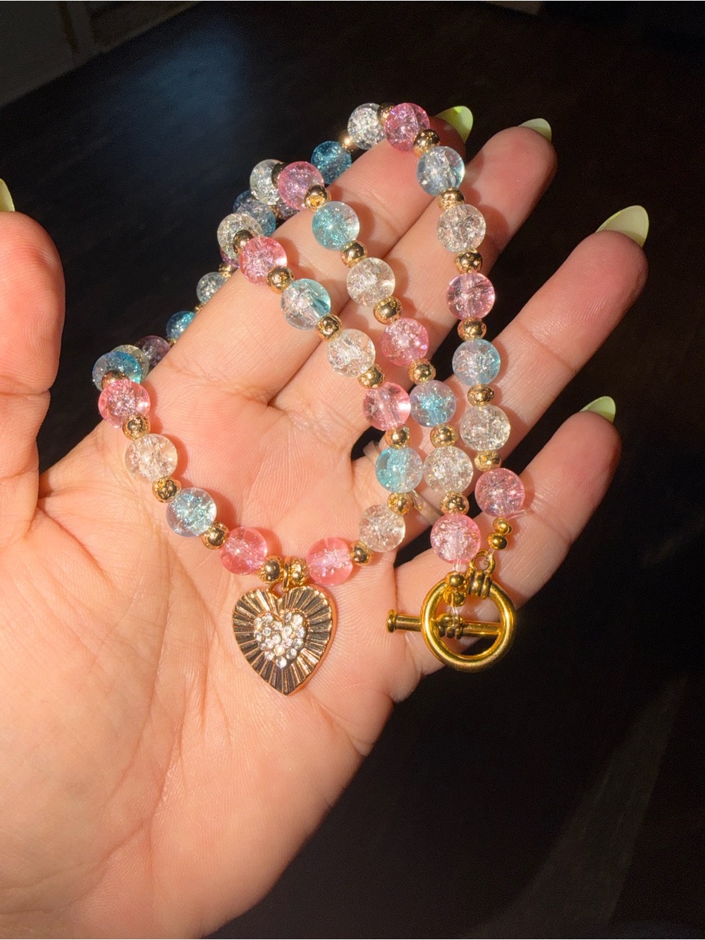 Gold Heart Charm Beaded Bracelet - Multicolor Pastel